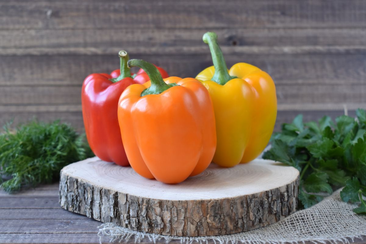 three bell peppers on wooden plate