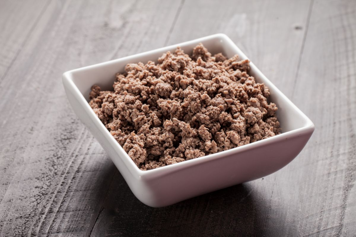 cooked ground beef in white bowl