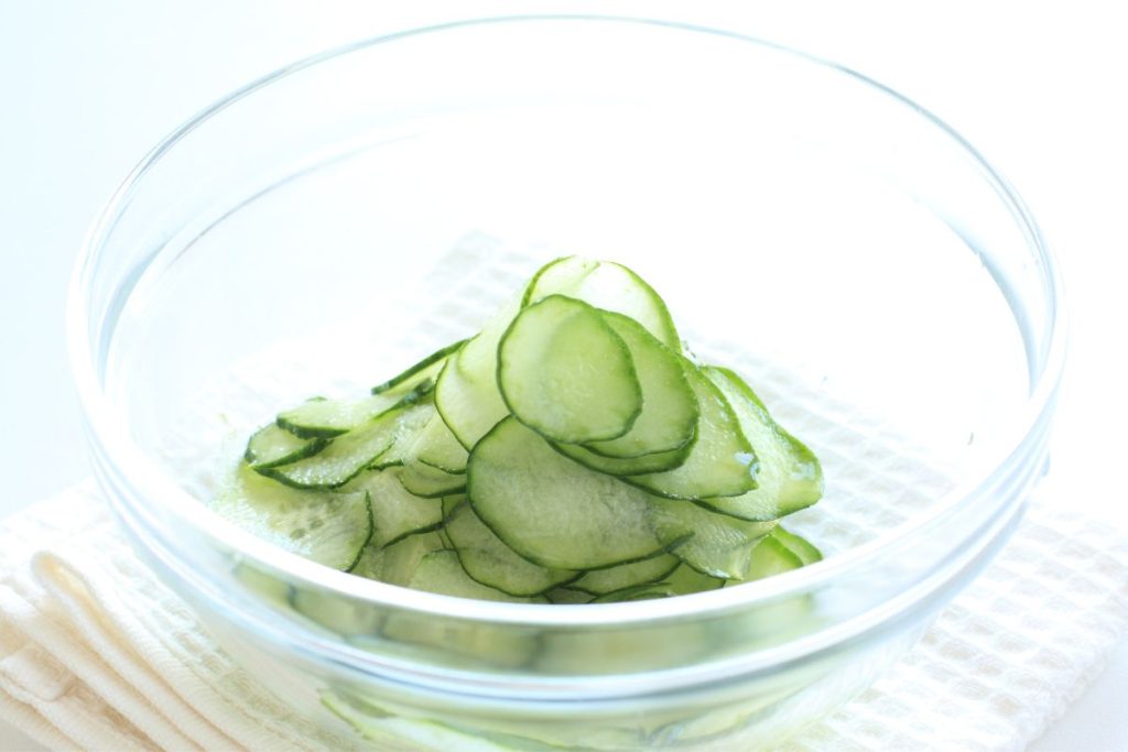 Rehydrated cucumber slices in bowl