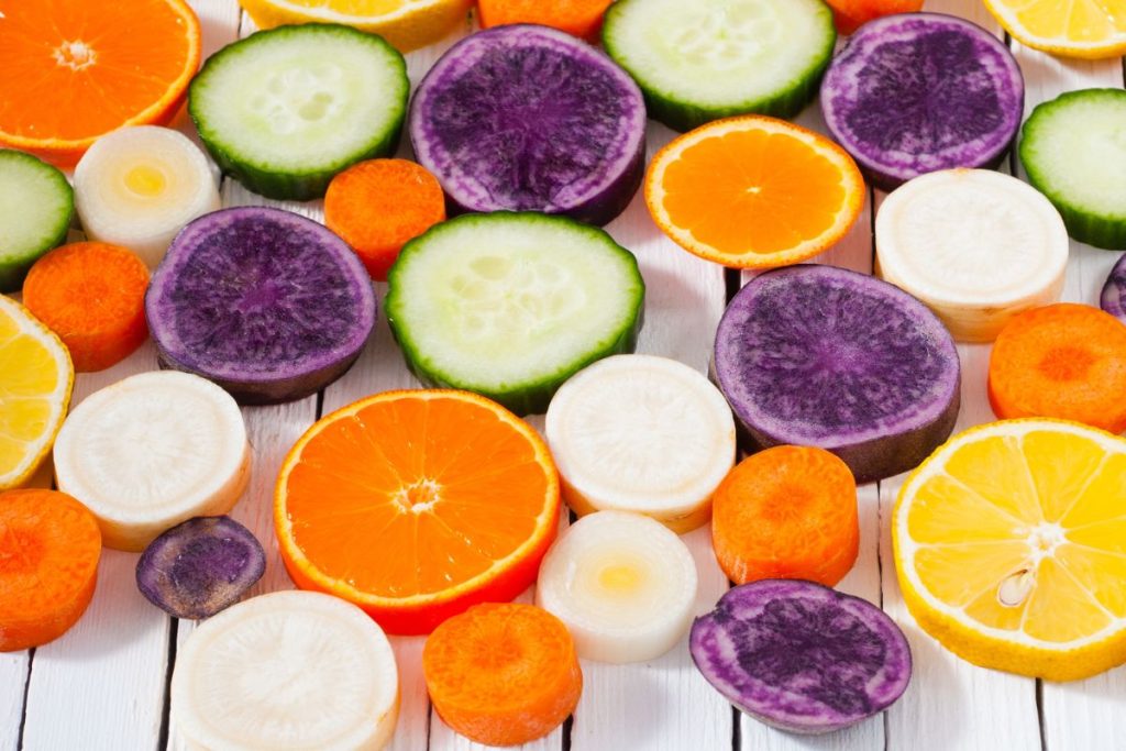 Sliced fruits and vegetables cut to an even thickness