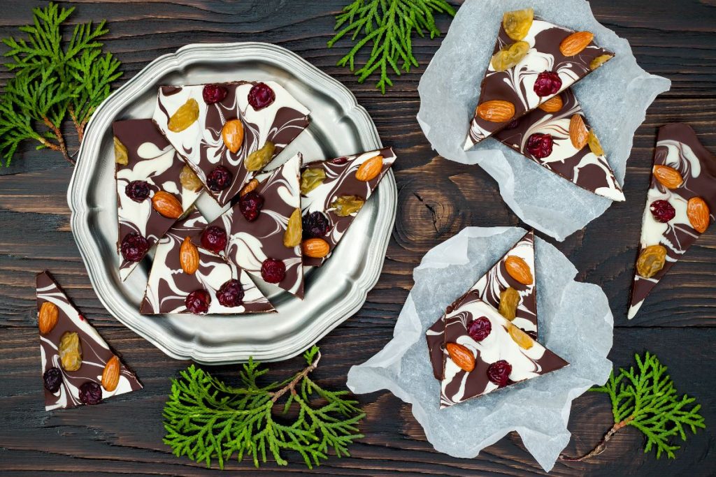 Dark and white chocolate bark with dried cherries and almond topping