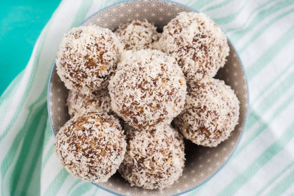 Coconut protein balls in a bowl