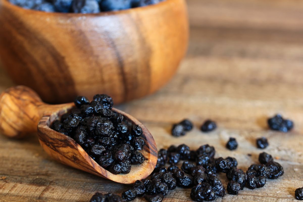 Dried blueberries in a wooden spoon