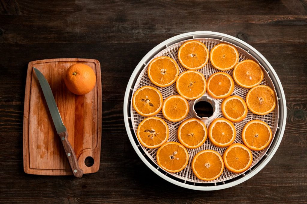 Orange slices placed on a food dehydrator tray