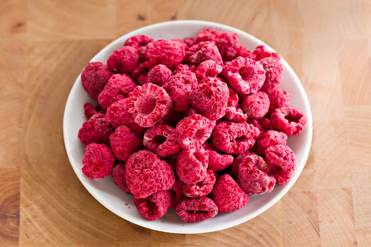 Freeze dried raspberries in a bowl