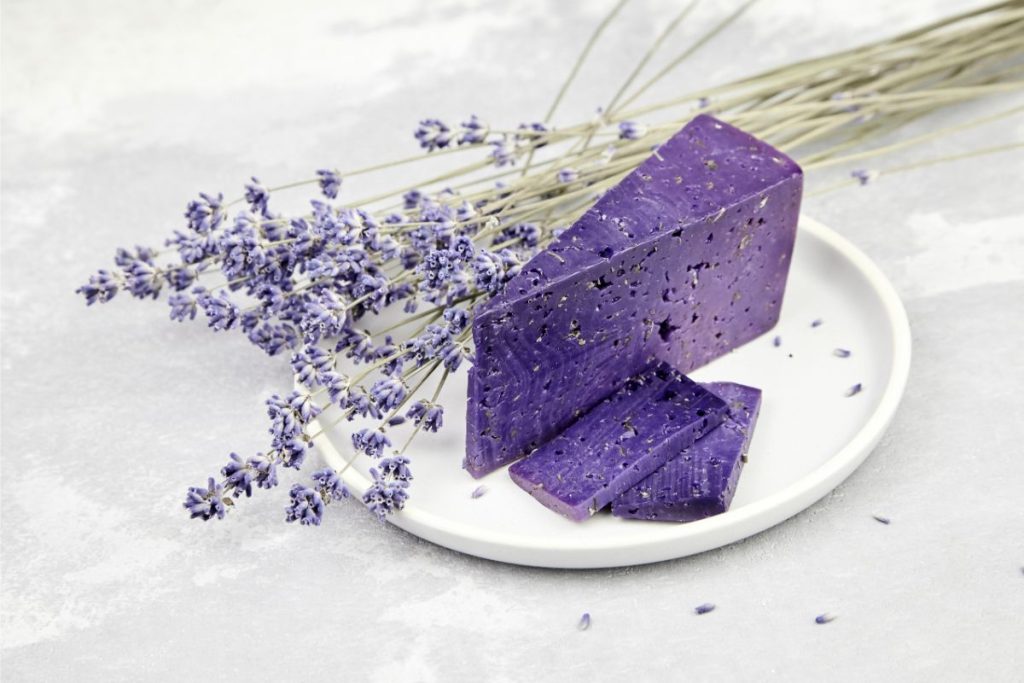 Lavender cheese on a plate