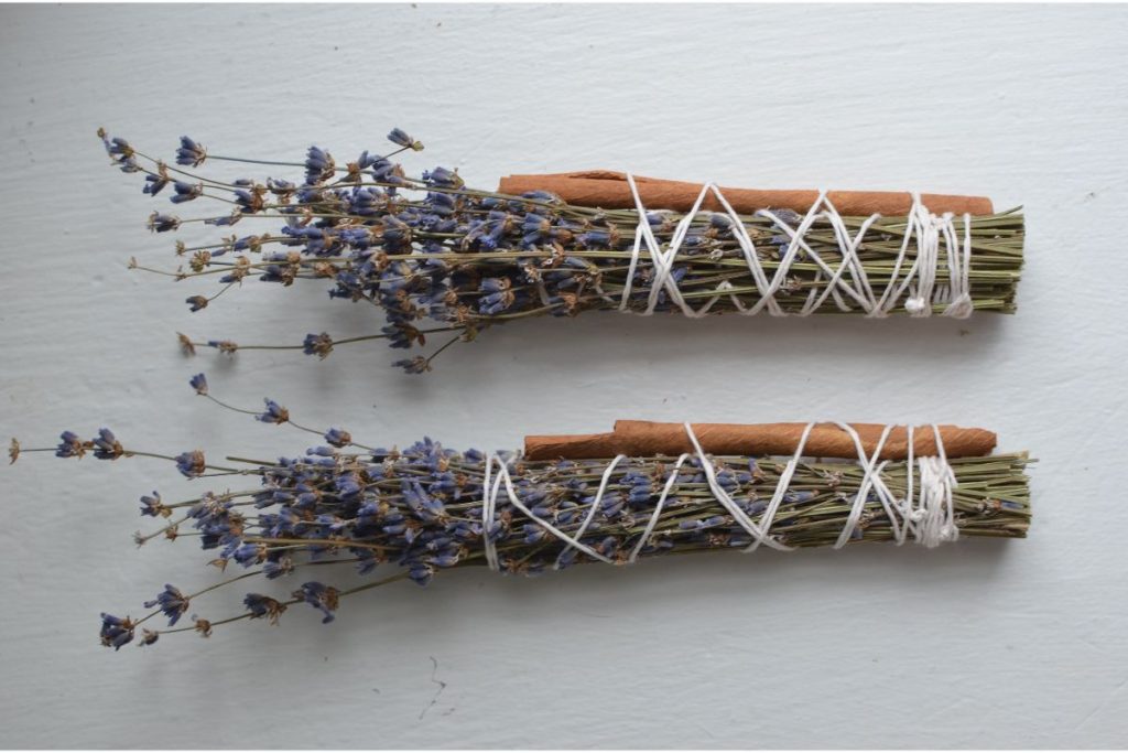 Lavender and cinnamon sticks bound with white twine