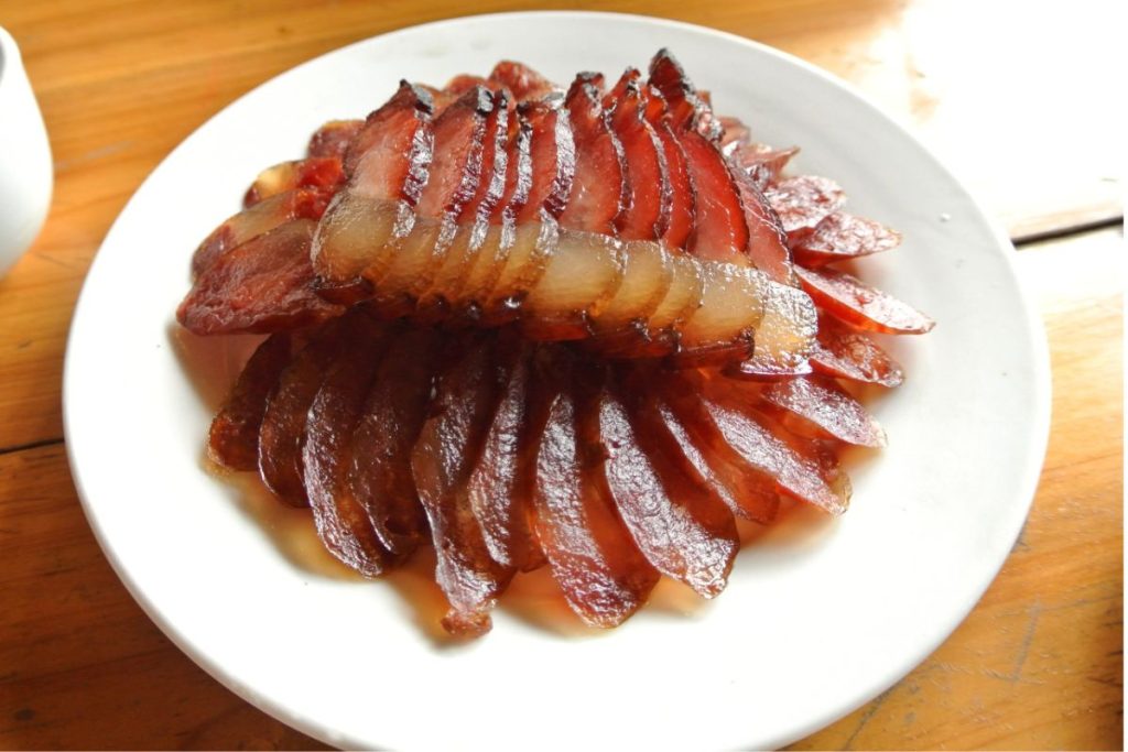 Dried bacon on a plate
