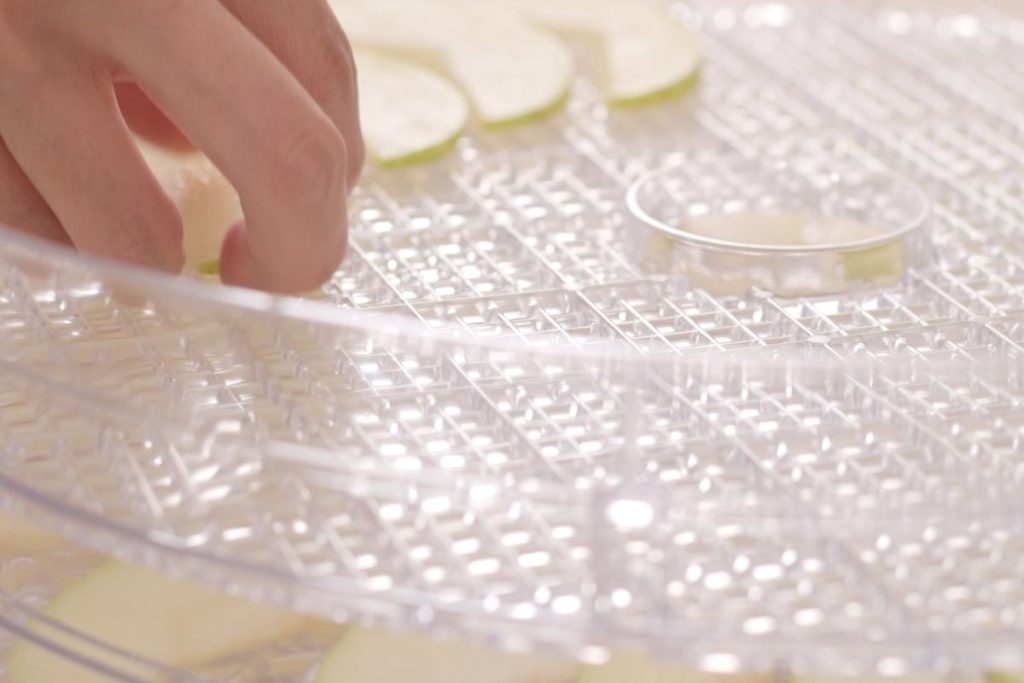 Placing apple sliced on a round, plastic food dehydrator tray
