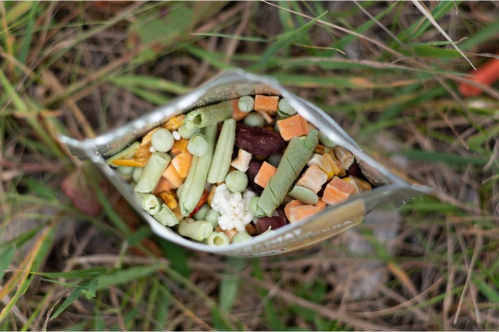 Freeze-dried meal in bag filled with vegetables