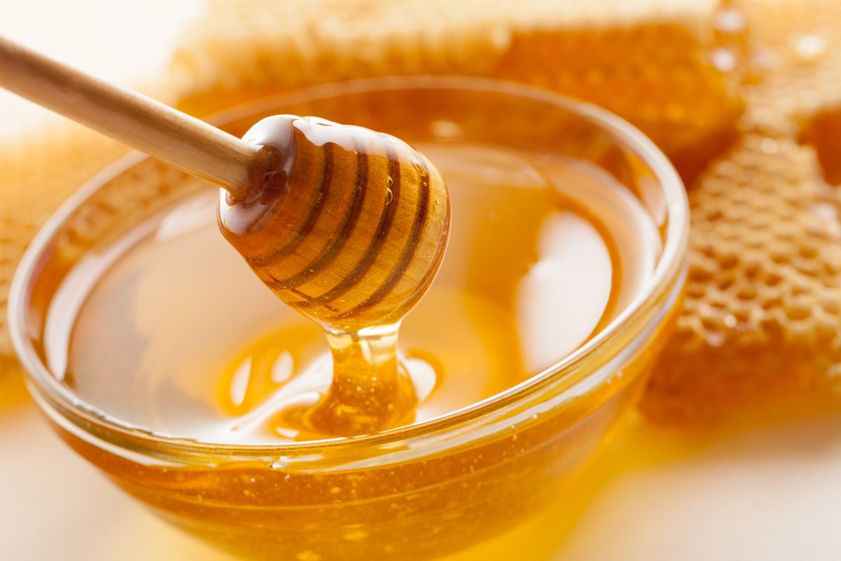 Bowl of liquid honey and dipper
