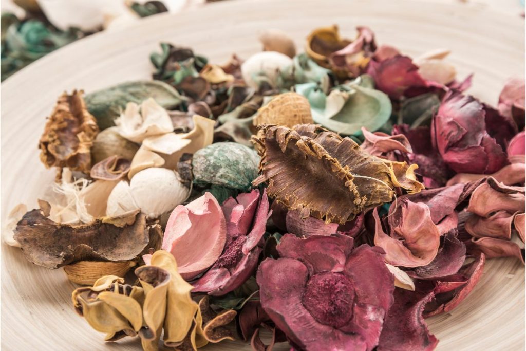 Plate filled with dried flower potpourri